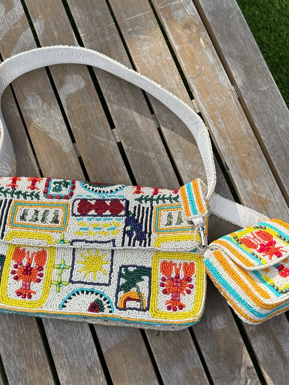 Colorful Lobster Themed Beaded Shoulder Bag with Coin Pouch